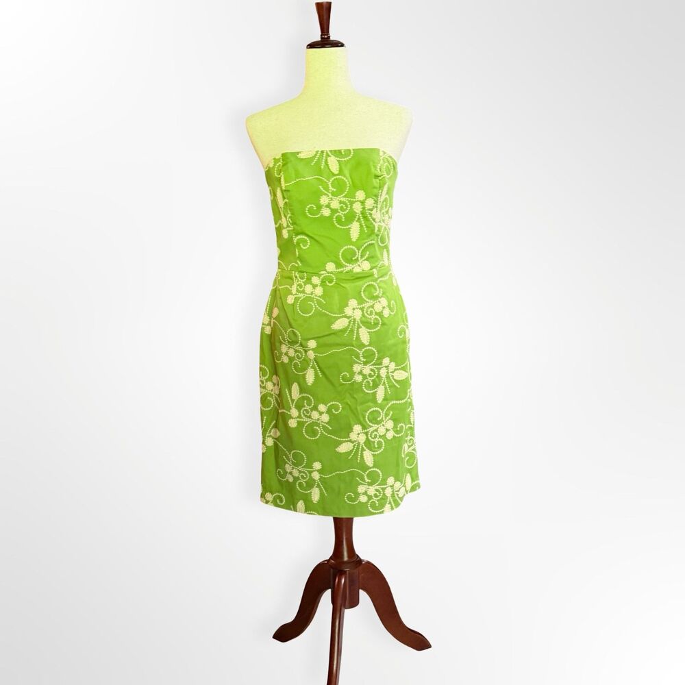 VTG 90s Cache, Green Embroidered Strapless Sheath Dress, 8